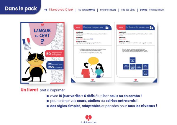 Ressources FLE ludiques : Jeu pédagogique Langue au chat, expressions françaises illustrées